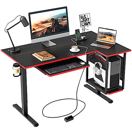 Bestier 58"W Electric Adjustable-Height Standing Desk With Keyboard Tray And CPU Host Shelf, Carbon Fiber Black