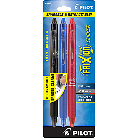 Pilot® FriXion® Ball Clicker Erasable Retractable Gel Pens, Pack of 3, Fine Point, 0.7 mm, Classic Assorted Barrels, Assorted Ink Colors
