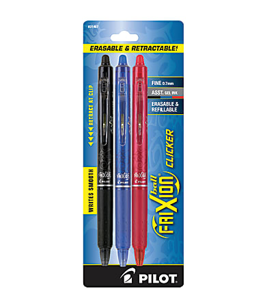 Pilot® FriXion® Clicker Erasable Gel Pens, Fine Point, 0.7 mm, Assorted Barrels, Assorted Ink Colors, Pack Of 3