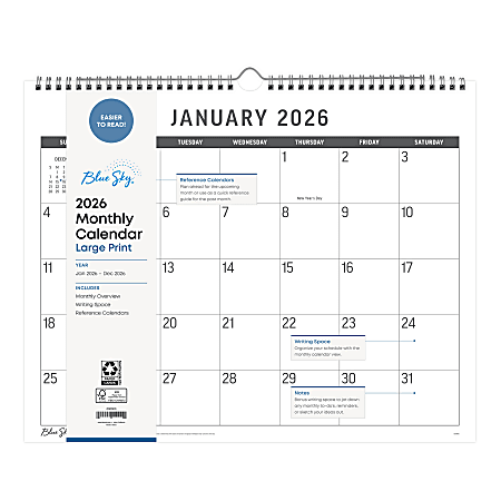 2026 Blue Sky Monthly Wall Calendar, 12" x 15", Large Print, January To December, 152695