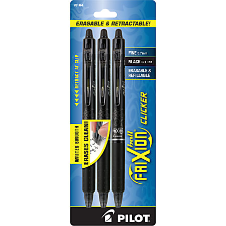 Pilot® FriXion® Ball Clicker Erasable Retractable Gel Pens, Pack of 3, Fine Point, 0.7 mm, Black Barrels, Black Ink
