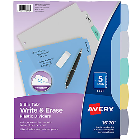 Avery® Durable Write-On Plastic Dividers With Erasable Tabs, 8 1/2" x 11", Multicolor, 5 Tabs