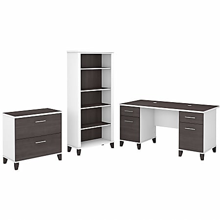 Bush Business Furniture Somerset 60"W Office Computer Desk With Lateral File Cabinet And 5-Shelf Bookcase, Storm Gray/White, Standard Delivery
