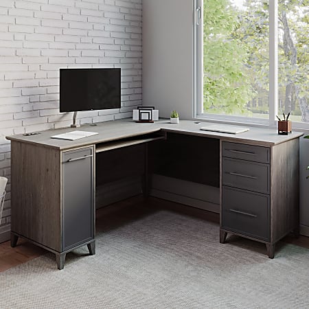Realspace&reg; Koru 60"W L-Shaped Corner Computer Desk With Integrated Power &amp; Charging, Two-Tone Slate/Gray Oak, BIFMA Compliant