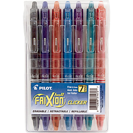 Pilot® FriXion® Clicker Erasable Gel Pens, Fine Point, 0.7 mm, Assorted Barrels, Assorted Ink Colors, Pack Of 7