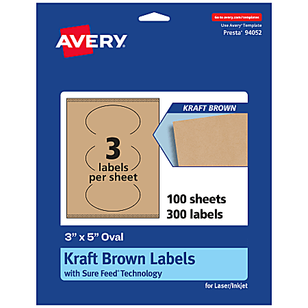 Avery® Kraft Permanent Labels With Sure Feed®, 94052-KMP100, Oval, 3" x 5", Brown, Pack Of 300
