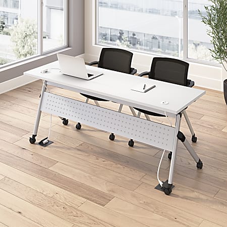 Bush Business Furniture Envision 72"W Training Table with Powered Grommets and 2 Chairs with Arms, White/Cool Gray Metallic, Standard Delivery