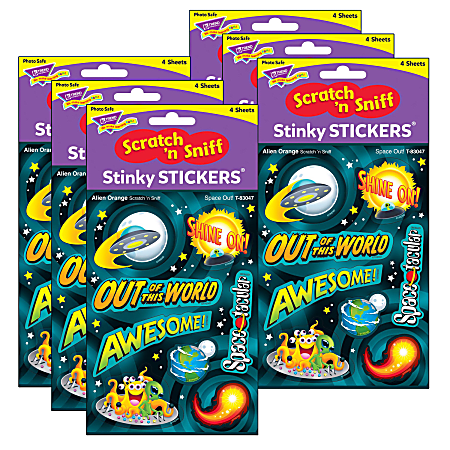 Trend Stinky Stickers, Space Out! Alien Mixed Shapes/Orange, 32 Stickers Per Pack, Set Of 6 Packs