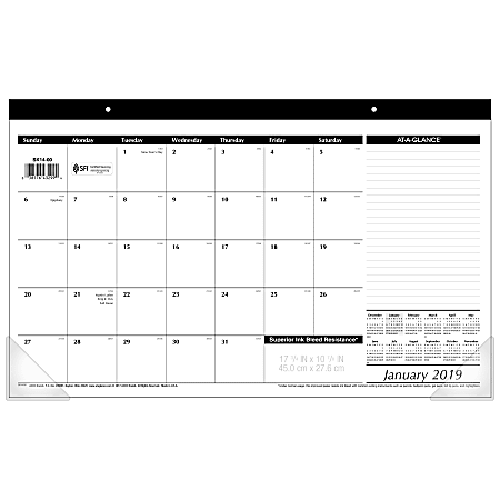 AT-A-GLANCE® Compact Monthly Desk Pad Calendar, 17 3/4" x 10 7/8", Black/White, January to December 2019
