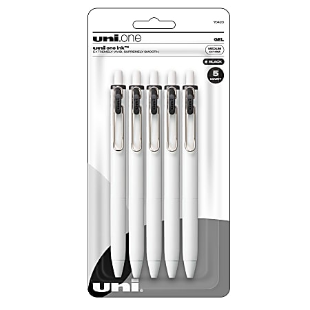 Uni-Ball® One Retractable Gel Pens, Medium Point, 0.7 mm, White Barrel, Black Ink, Pack Of 5 Pens