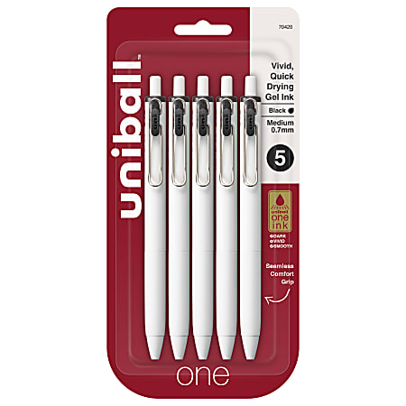 Uni-Ball® One Retractable Gel Pens, Medium Point, 0.7 mm, White Barrel, Black Ink, Pack Of 5 Pens