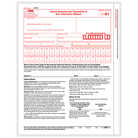 ComplyRight™ 1096 Transmittal Tax Forms, Laser, 8-1/2" x 11", Pack Of 50 Forms