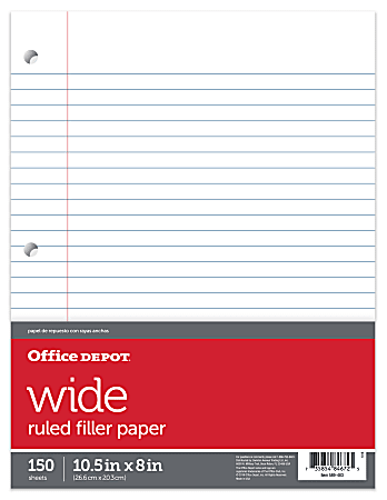 Office Depot® Brand Notebook Filler Paper, Wide Ruled, 8" x 10 1/2", 3-Hole Punched, White, Pack Of 150 Sheets