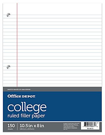 Office Depot® Brand Notebook Filler Paper, College-Ruled, 8" x 10 1/2", White, Pack Of 150 Sheets