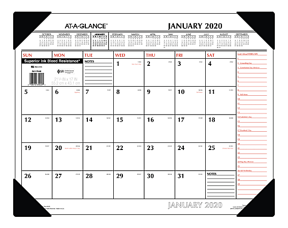 AT-A-GLANCE® 2-Color Monthly Desk Pad With Corner Protectors, 22" x 17", January To December 2020, SK117000