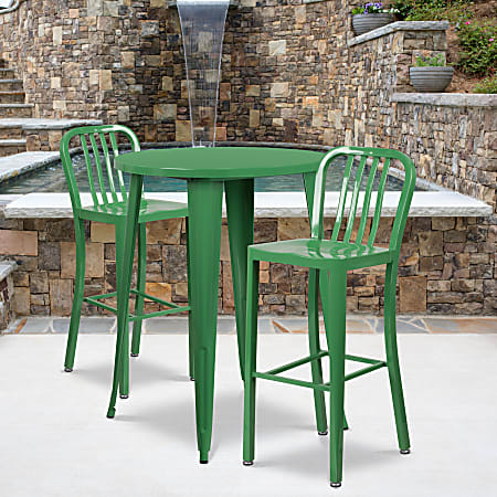 Flash Furniture Commercial-Grade Round Metal Indoor-Outdoor Bar Table Set With 2 Vertical Slat-Back Stools, 41"H x 30"W x 30"D, Green