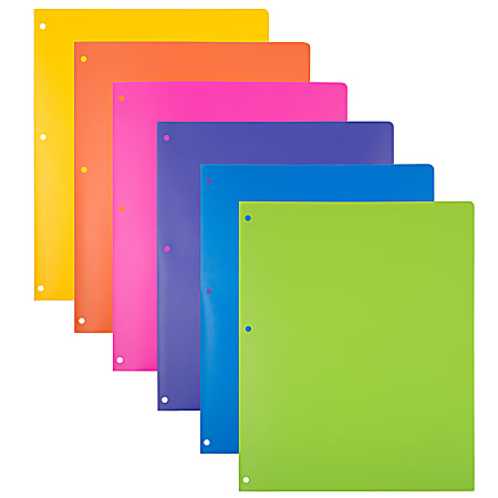 JAM Paper® Heavy-Duty 3-Hole Punched Plastic Presentation Folders, 9-1/2" x 11-1/2", Assorted Fashion, Pack Of 6 Folders