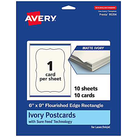 Avery® Printable Postcards With Sure Feed® Technology, 6" x 9" Rectangle Flourished Edge, Matte Ivory, Pack Of 10