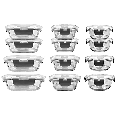 NutriChef Stackable Borosilicate Glass Food Storage Containers Set, 8&rdquo;H x 16-1/4&rdquo;W x 12&rdquo;D, Clear, Set Of 24 Pieces
