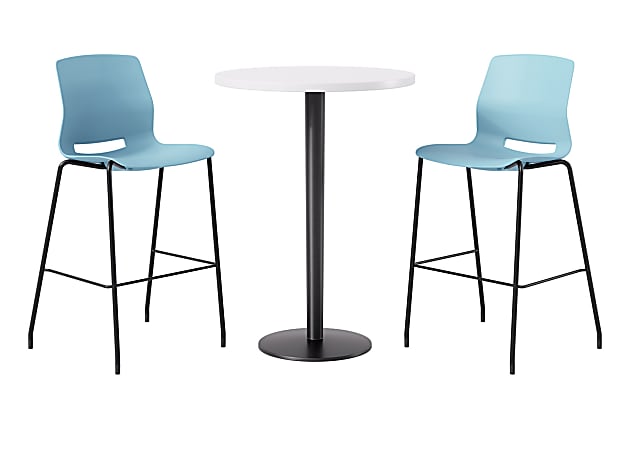 KFI Studios Proof Bistro Round Pedestal Table With Imme Barstools, 2 Barstools, Designer White/Black/Sky Blue Stools