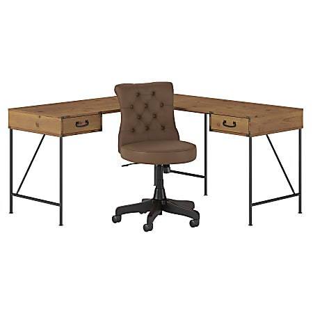 Kathy Ireland® Home by Bush Furniture Ironworks 60"W L-Shaped Writing Desk With Mid-Back Tufted Office Chair, Vintage Golden Pine, Standard Delivery