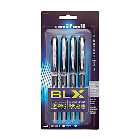 uni-ball® Vision™ Elite™ Liquid Ink Rollerball Pens, Micro Point, 0.5 mm, Black Barrels, Assorted Ink Colors, Pack Of 4