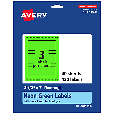 Avery® Print-To-The-Edge Labels With Sure Feed® Technology, 94247-NGP40, Rectangle, 2-1/2" x 7", Matte Neon Green, Pack of 120