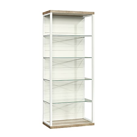 Details about   Sauder Cottage Road 5 Shelf Glass Bookcase in Soft White and Oak 