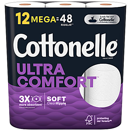 Cottonelle UltraComfort 2-Ply Bath Tissue, 3-7/8" x 4", White, 268 Sheets Per Roll, Pack Of 12 Rolls