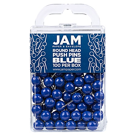 JAM Paper® Colorful Push Pins, 1/2", Blue, Pack Of 100 Push Pins