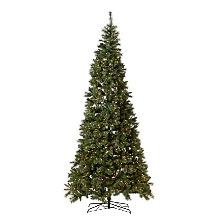 Nearly Natural White Mountain Pine 132”H Artificial Christmas Tree With Pine Cones, LED Lights And Bendable Branches, 132”H x 34”W x 34”D, Green