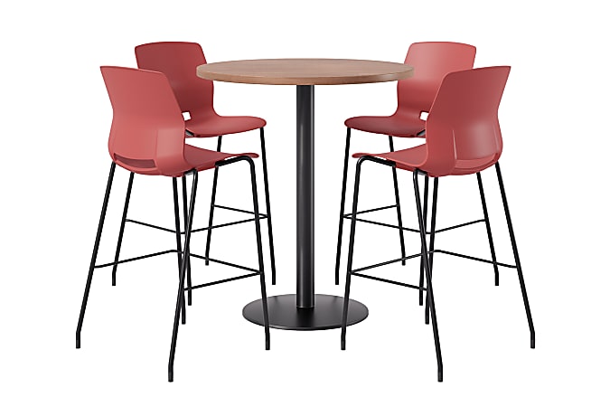 KFI Studios Proof Bistro Round Pedestal Table With Imme Barstools, 4 Barstools, River Cherry/Black/Coral Stools