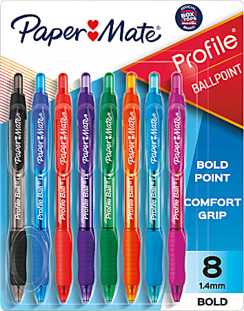 Paper Mate® Profile™ Retractable Ballpoint Pens, Bold Point, 1.4 mm, Assorted Translucent Barrel, Assorted Ink Colors, Pack Of 8
