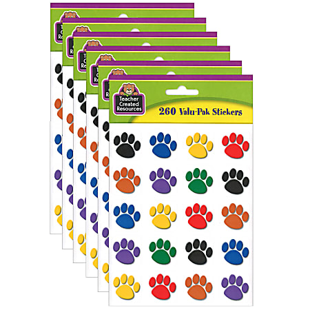 Teacher Created Resources Stickers Valu-Paks, Colorful Paw Print, 260 Stickers Per Pack, Set Of 6 Packs