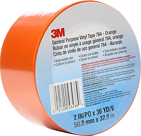 3M™ 764 Flagging and Marking Tape, 3" Core, 2" x 36 Yd., Orange, Case of 24