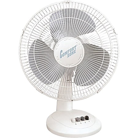 Comfort Zone 16" Oscillating Table Fan - 3 Blades - 16" Diameter - 3 Speed - Oscillating, Adjustable Horizontal Tilt, SPT-2 Power Cord, Break Resistant Blade, Quiet Operation - 25.9" Height x 11.3" Width - White