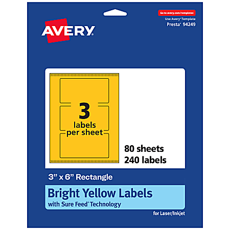 Avery® Print-To-The-Edge Labels With Sure Feed® Technology, 94249-BYP80, Rectangle, 3" x 6", Matte Bright Yellow, Pack of 240