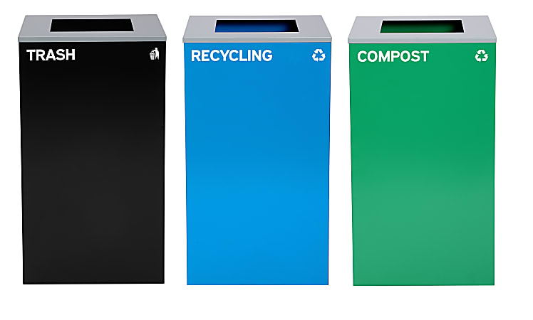 Alpine Industries Stainless-Steel Open Top Recycling, Compost And Trash Can Set With Square Lids, 29 Gallons Black/Blue/Green - ALP4450-BLK-KIT14