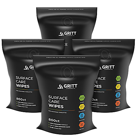 Gritt Commercial Surface Care Wipes, 6" x 8", 800 Wipes Per Refill Bag, Case Of 4 Bags