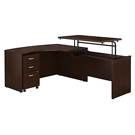 Bush Business Furniture Components 60"W Right Hand 3 Position Sit to Stand L Shaped Desk with Mobile File Cabinet, Mocha Cherry, Premium Installation