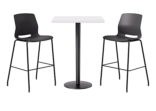 KFI Studios Proof Bistro Square Pedestal Table With Imme Bar Stools, Includes 2 Stools, 43-1/2”H x 30”W x 30”D, Designer White Top/Black Base/Black Chairs