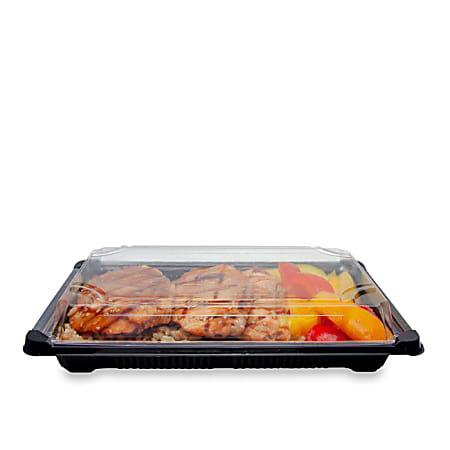 StalkMarket Compostable Food Trays, With Lids, 9.25" x 5.75" x 1.75", Clear lids and black bottoms, Pack of 300 Trays