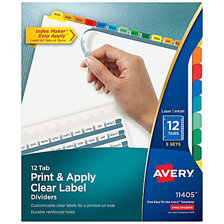 Avery® Customizable Index Maker® Dividers For 3 Ring Binder, Easy Print & Apply Clear Label Strip, 12 Tab, Multicolor, Pack Of 5 Sets