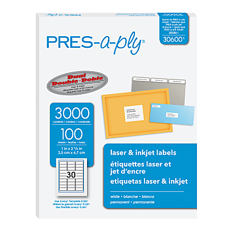Avery PRES-a-ply® Labels With Permanent Adhesive, 30600, Rectangle, 1" x 2-5/8", White, Pack Of 3000 Labels