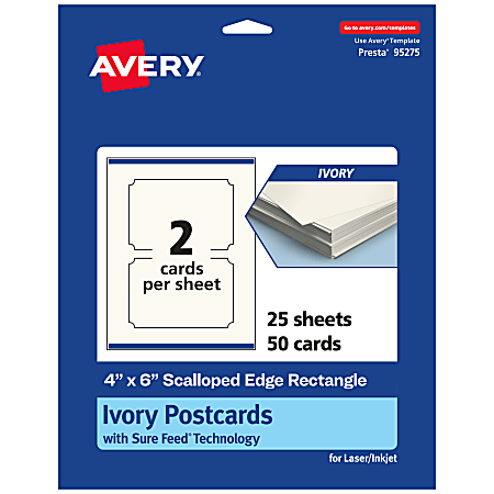 Avery® Printable Postcards With Sure Feed® Technology, 95275-MIC25, Rectangle Scalloped, 4" x 6", Matte Ivory, Pack Of 50