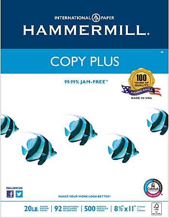 Hammermill® Multi-Use Printer & Copy Paper, White, Letter (8.5" x 11"), 500 Sheets Per Ream, 20 Lb, 92 Brightness, 162008RM