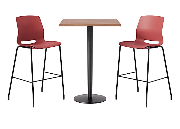 KFI Studios Proof Bistro Square Pedestal Table With Imme Bar Stools, Includes 2 Stools, 43-1/2”H x 30”W x 30”D, River Cherry Top/Black Base/Coral Chairs