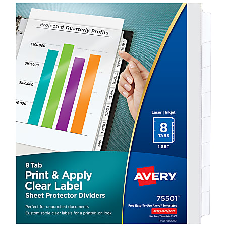 Avery® Sheet Protector Dividers For 3 Ring Binders With Easy Print & Apply Index Maker® Label Strip, 8-1/2" x 11",  8 Tab, Clear With Customizable White Tabs, 1 Set