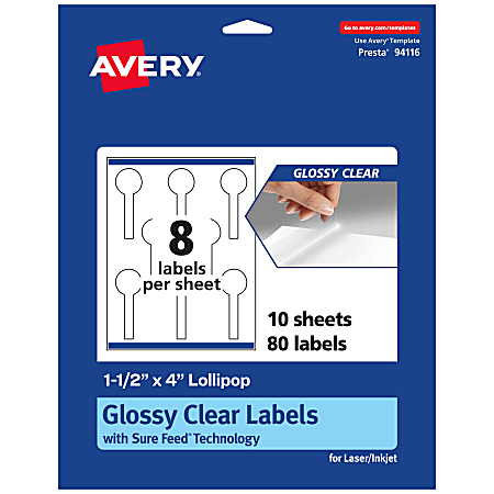 Avery® Glossy Permanent Labels With Sure Feed®, 94116-CGF10, Lollipop, 1-1/2" x 4", Clear, Pack Of 80