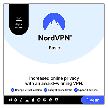 NORDVPN Basic VPN Service, 2024, For 10 Devices, 1-Year Subscription, Windows/Mac, Download